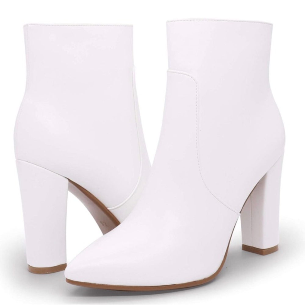 White Ankle Boots Comfy Pointed Toe High Heels Side Zipper Booties